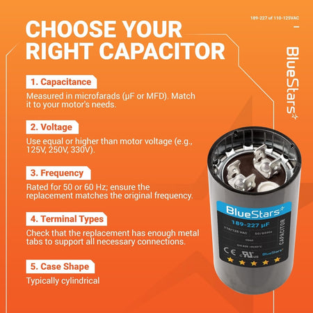 Infographic showing how to choose a 189-227 uF 125 VAC CBB60 round start capacitor for pool and well pump motors.