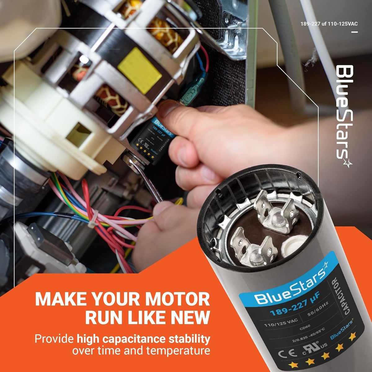 Hand installing a 189-227 uF 125 VAC round start capacitor into a pool pump motor.