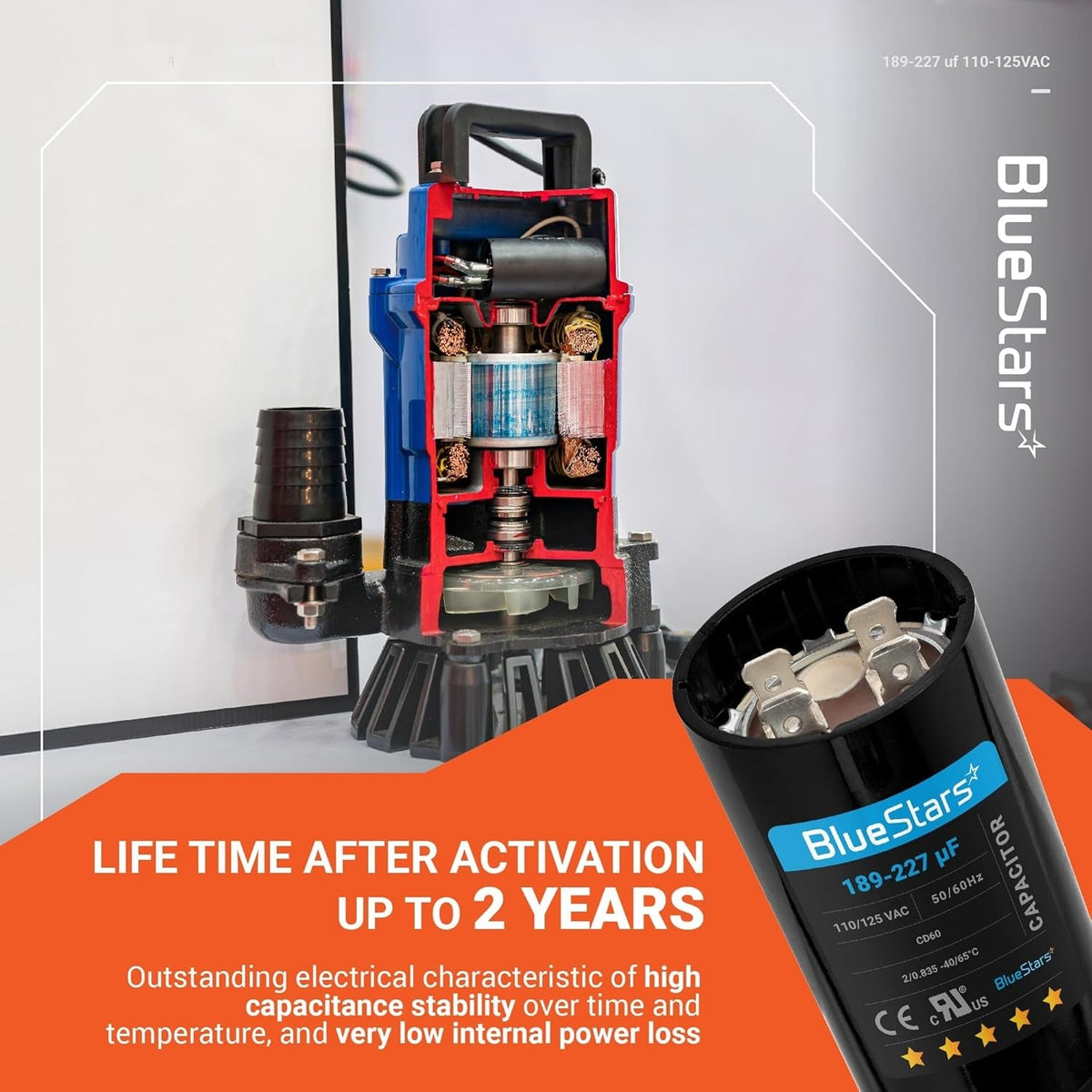 189-227 uF 125 VAC round start capacitor for pool and well pumps shown with cross-section pump diagram.