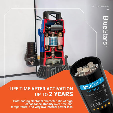 189-227 uF 125 VAC round start capacitor for pool and well pumps shown with cross-section pump diagram.