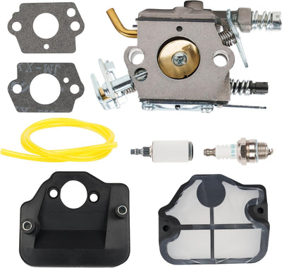 Replacement carburetor kit for Husqvarna 136 141 142 chainsaws including gaskets, fuel line, filter, and spark plug.