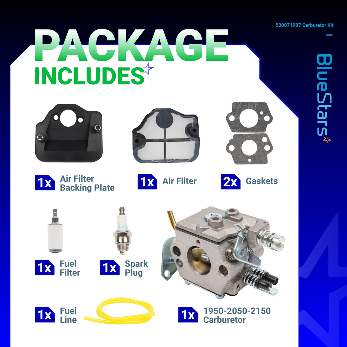 Carburetor repair kit for Husqvarna chainsaws including air filter, gaskets, fuel filter, spark plug, and fuel line.