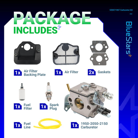 Carburetor repair kit for Husqvarna chainsaws including air filter, gaskets, fuel filter, spark plug, and fuel line.
