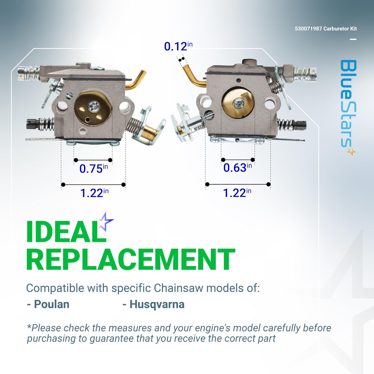 Replacement carburetor for Husqvarna and Poulan chainsaws showing side-by-side dimensions and component measurements.