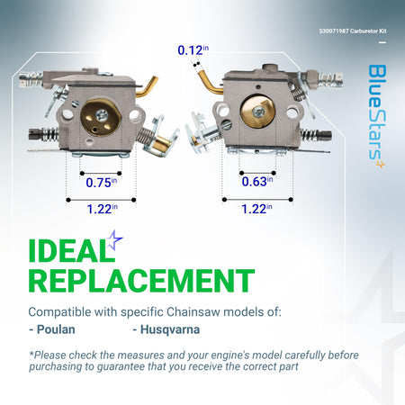 Replacement carburetor for Husqvarna and Poulan chainsaws showing side-by-side dimensions and component measurements.