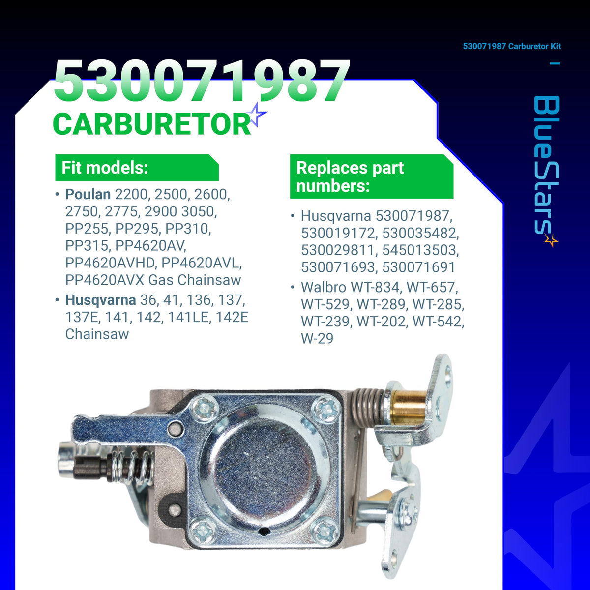 Replacement carburetor for Husqvarna and Poulan chainsaws, compatible with part number 530071987.