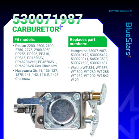 Replacement carburetor for Husqvarna and Poulan chainsaws, compatible with part number 530071987.