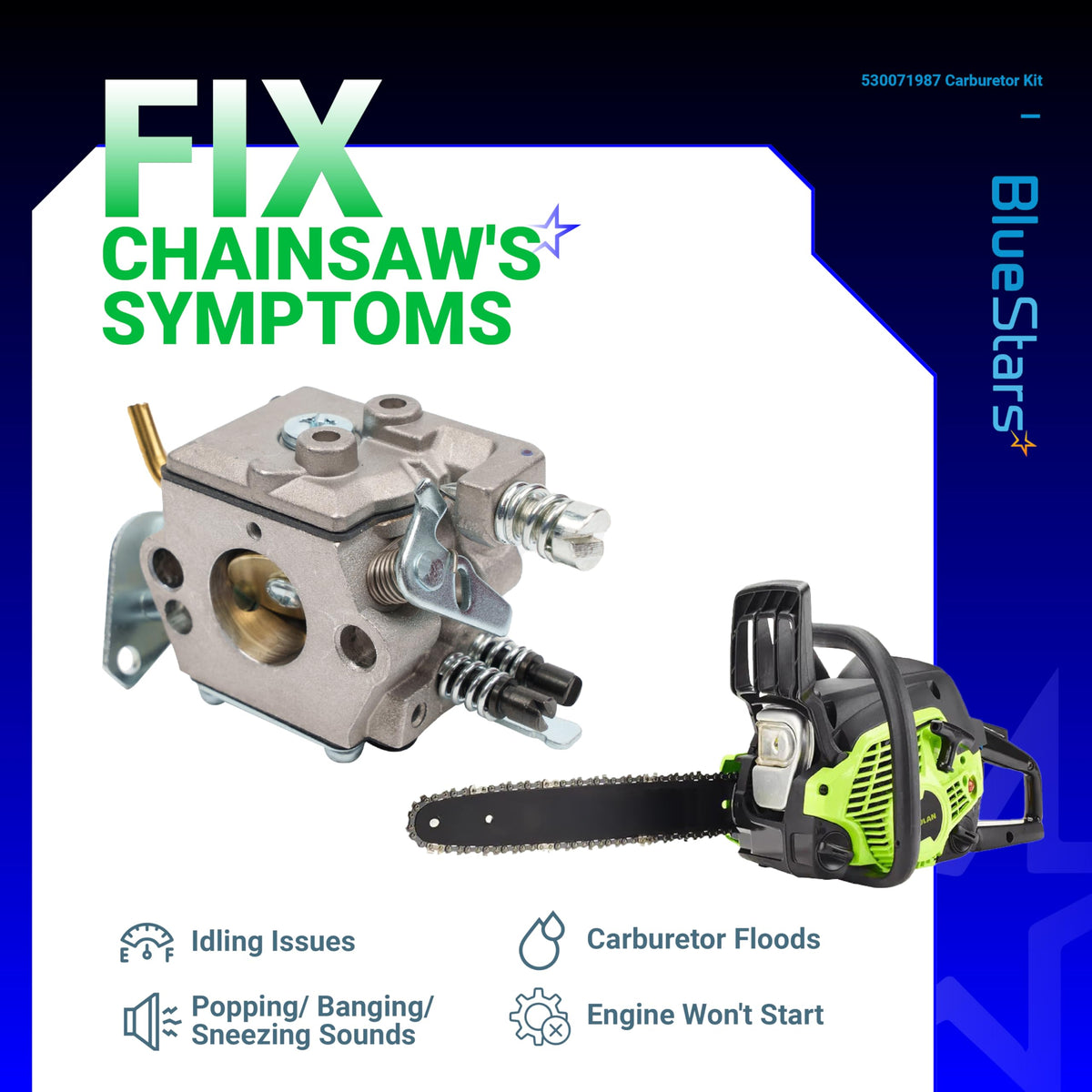 Replacement carburetor for Husqvarna and Poulan Pro chainsaws to fix engine starting and idling issues.
