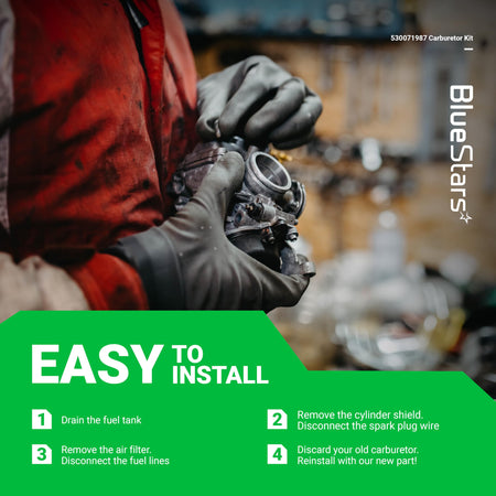 Mechanic holding a replacement chainsaw carburetor with easy installation instructions for Husqvarna and Poulan models.