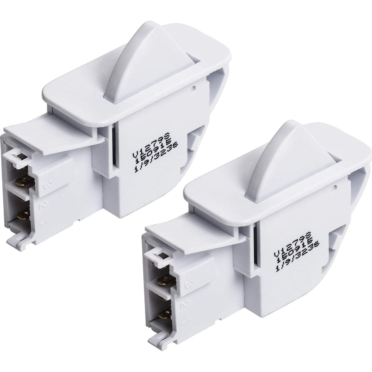 Two white 6600JB1010A refrigerator door push button switches for LG and Kenmore appliances.