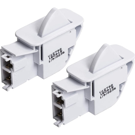 Two white 6600JB1010A refrigerator door push button switches for LG and Kenmore appliances.