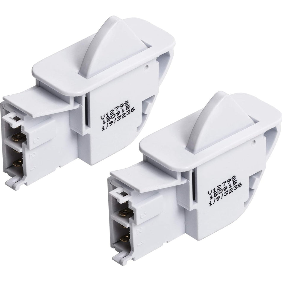 Two white 6600JB1010A refrigerator door push button switches for LG and Kenmore appliances.