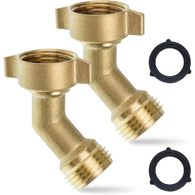 Two brass 45-degree water hose elbow adapters with 3/4 inch GHT connectors and two rubber washers.