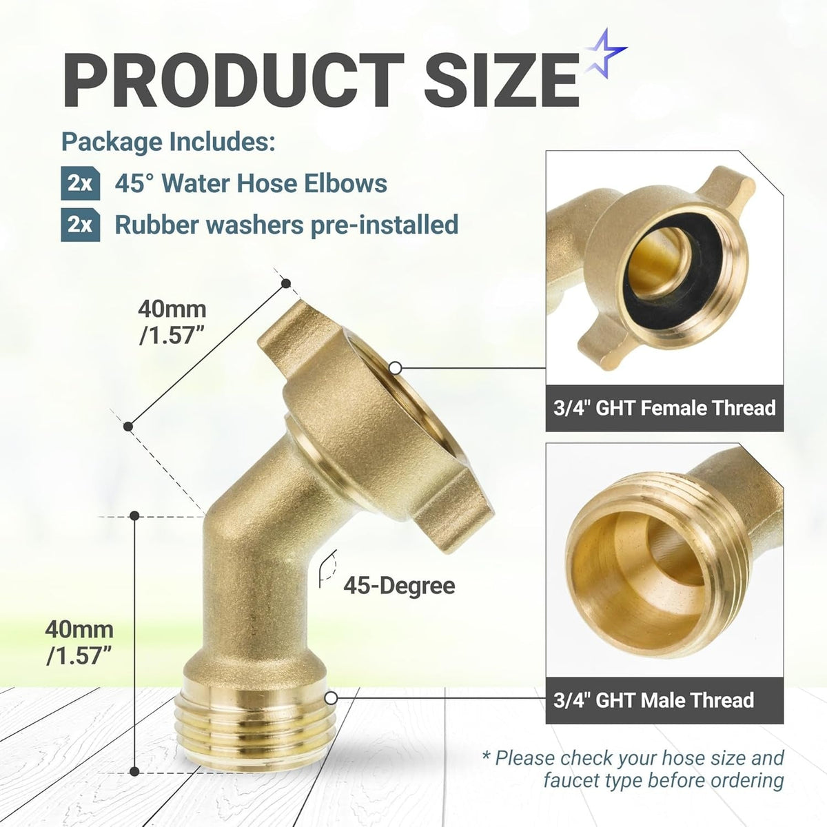 Dimensional diagram of 45-degree brass water hose elbow adapter with 3/4 inch GHT male and female thread specifications.