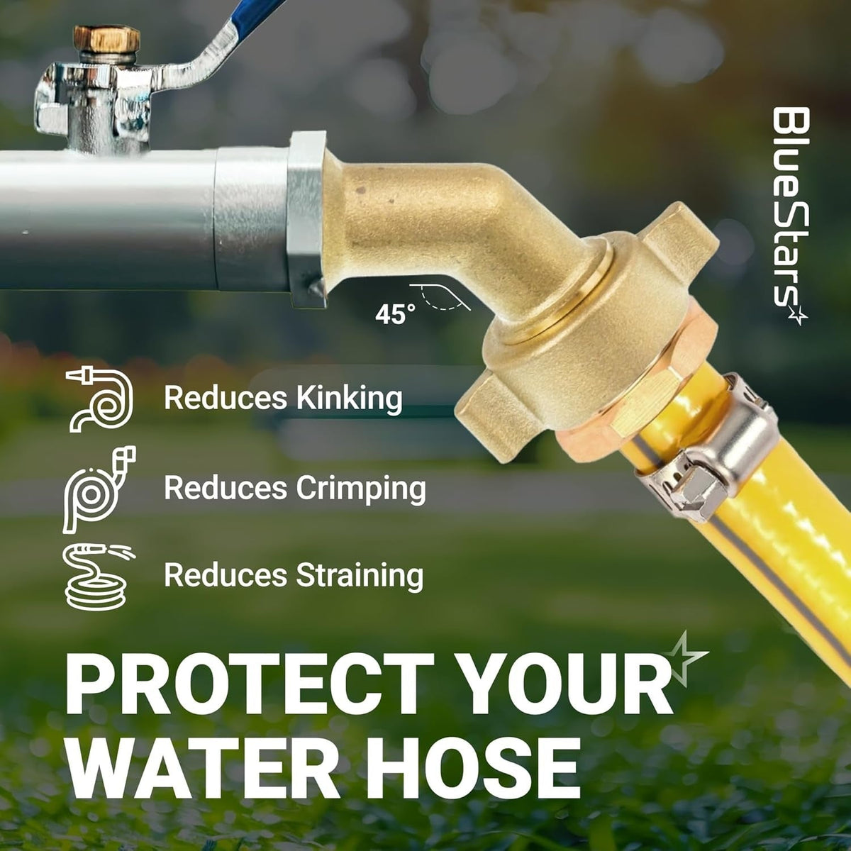 45-degree brass water hose elbow adapter connected to a faucet to prevent kinking and straining.