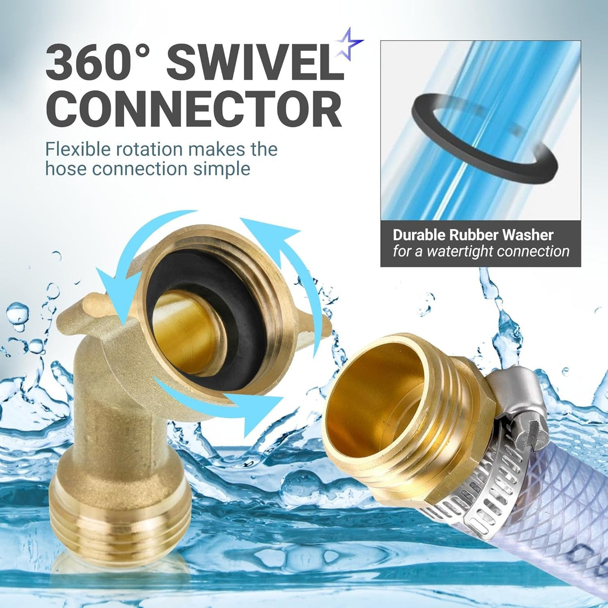 45-degree brass water hose elbow adapter with 360-degree swivel connector and rubber washer for watertight seal.