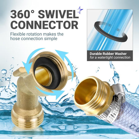45-degree brass water hose elbow adapter with 360-degree swivel connector and rubber washer for watertight seal.