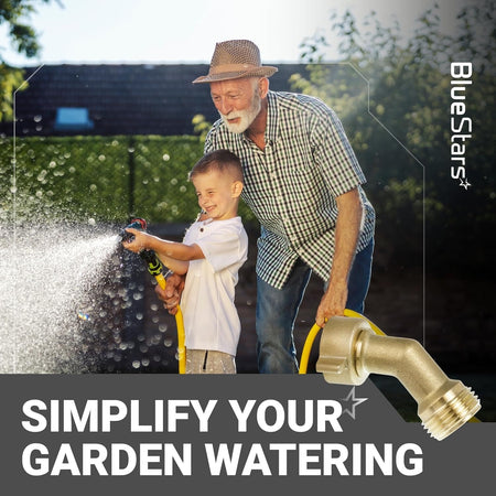 Close-up of a 45-degree brass water hose elbow adapter with a grandfather and grandson watering the garden.