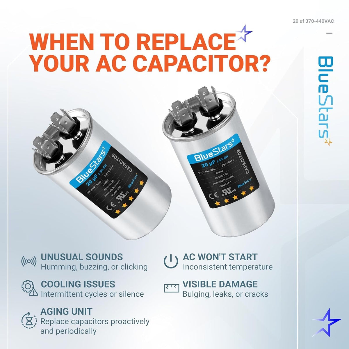 Infographic showing two 20 uF 370/440 VAC CBB65 motor run capacitors and signs indicating when to replace an AC capacitor.