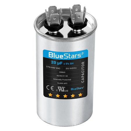 20 uF 370/440 VAC CBB65 round motor run capacitor with dual terminal top view.