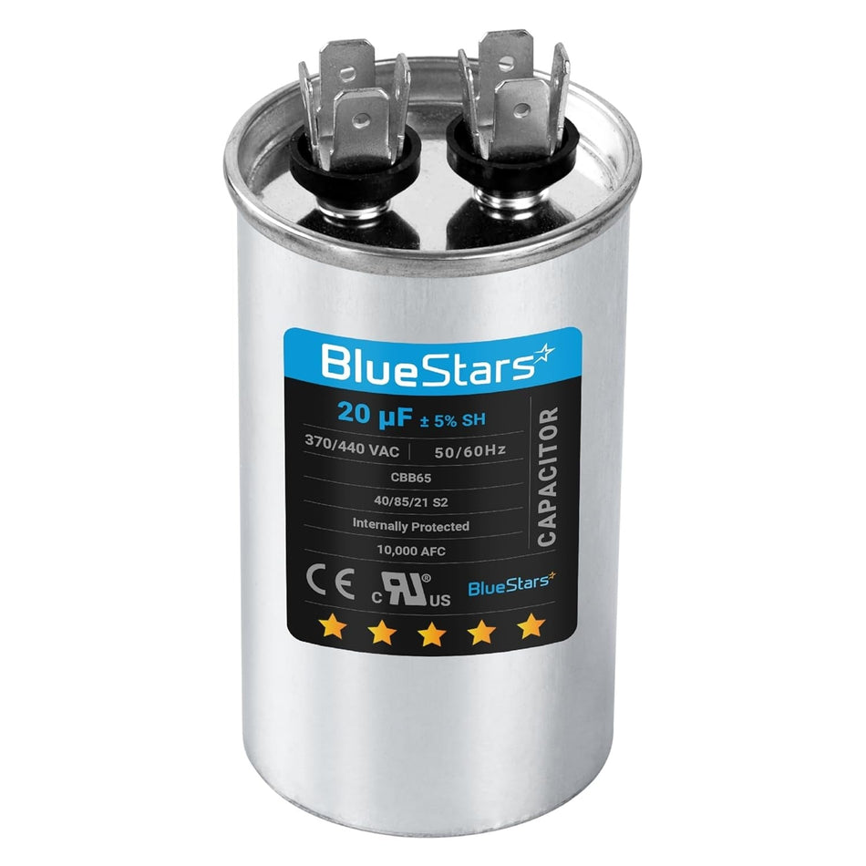 20 uF 370/440 VAC CBB65 round motor run capacitor with dual terminal top view.