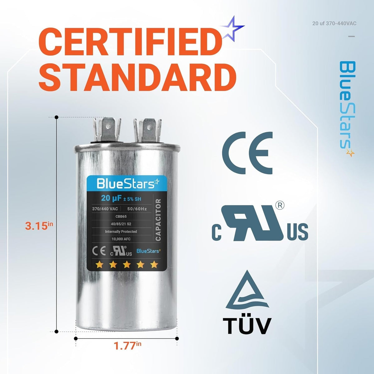 BlueStars 20 uF 370/440 VAC CBB65 round motor run capacitor with dimensions and certification labels.