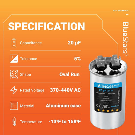 Infographic showing technical specifications for a 20 uF 370/440 VAC CBB65 motor run capacitor.