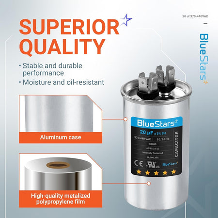 Infographic showing 20 uF 370/440 VAC CBB65 round motor run capacitor with aluminum case and metalized film details.