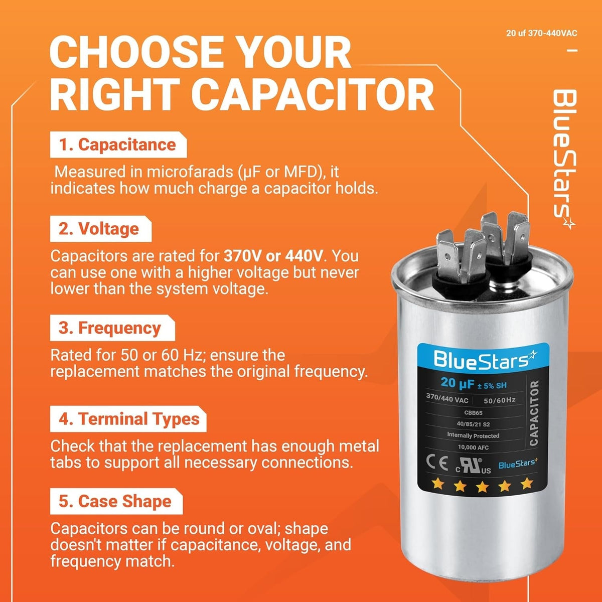 Infographic guide for choosing a 20 uF 370/440 VAC CBB65 motor run capacitor for air conditioners and heat pumps.
