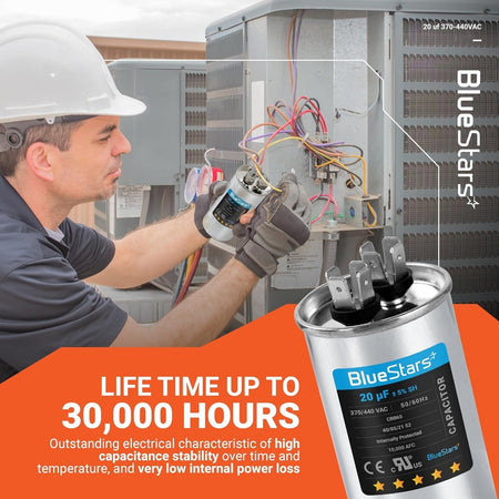 Technician installing a 20 uF 370/440 VAC CBB65 motor run capacitor into an air conditioner unit.
