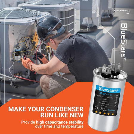 BlueStars 20 uF 370/440 VAC CBB65 motor run capacitor shown in a promotional graphic with an HVAC technician.