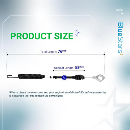 GY21106 clutch control cable size diagram showing 76-inch total length and 58-inch conduit length.