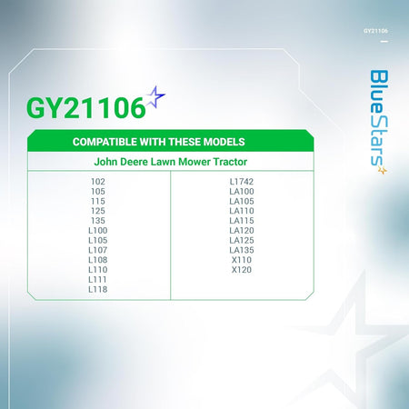 Compatibility chart for GY21106 clutch control cable for John Deere lawn mower tractors.