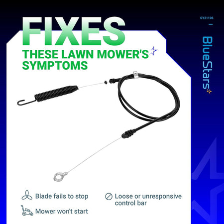 GY21106 GY20156 clutch control cable for John Deere riding lawn mowers with symptom fix infographic.