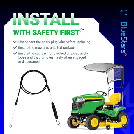 GY21106 clutch control cable installation guide with safety instructions for John Deere riding lawn mowers.