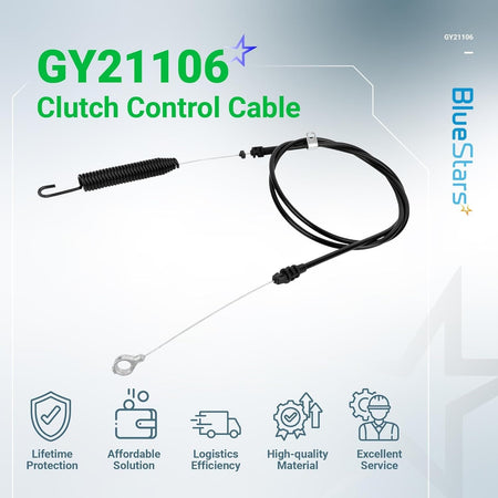 GY21106 clutch control cable for John Deere riding lawn mower tractors with spring and mounting hardware.