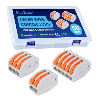 50-piece set of 250V 32A orange lever wire connectors in a storage case with three individual connector samples.