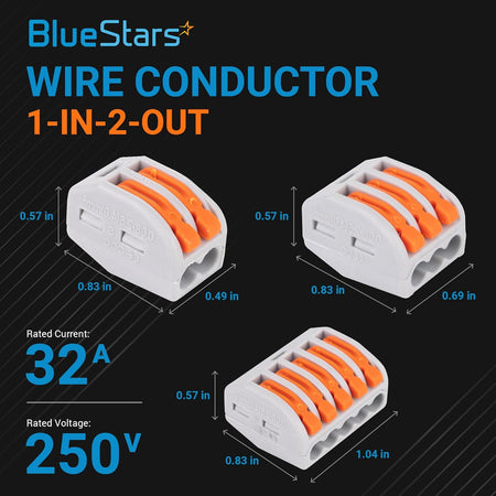 Dimensional diagram showing 2, 3, and 5-port orange lever wire connectors with 32A 250V specifications.