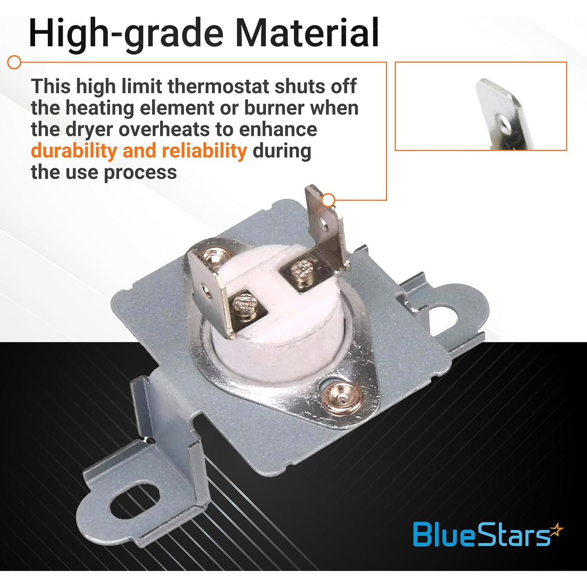 6931EL3003C Dryer High Limit Thermostat, close-up showing metal bracket, terminals, and mounting tabs