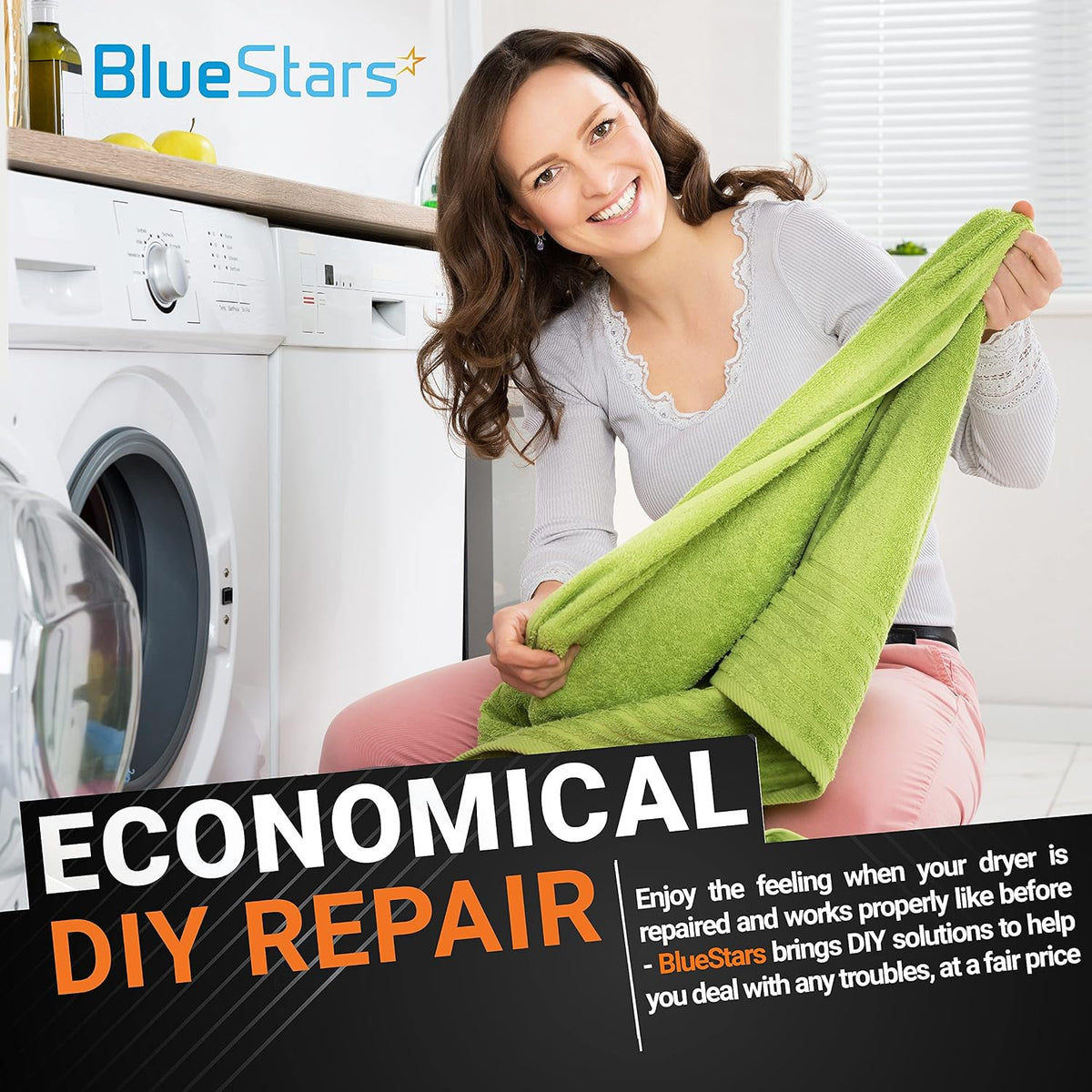 6931EL3003C Dryer High Limit Thermostat promotional graphic with woman holding a towel beside a washer