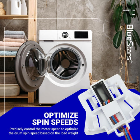 WH03X32158 washer speed sensor component shown with a washing machine background and text about optimizing spin speeds.