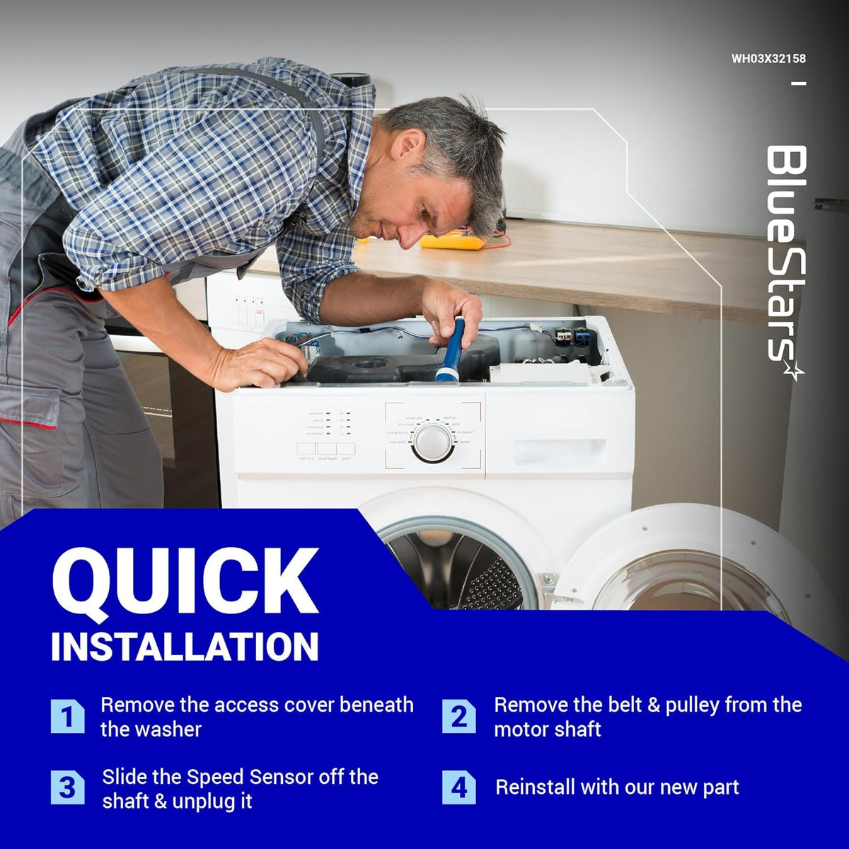 Technician performing a quick installation of a WH03X32158 washer speed sensor on a GE washing machine.