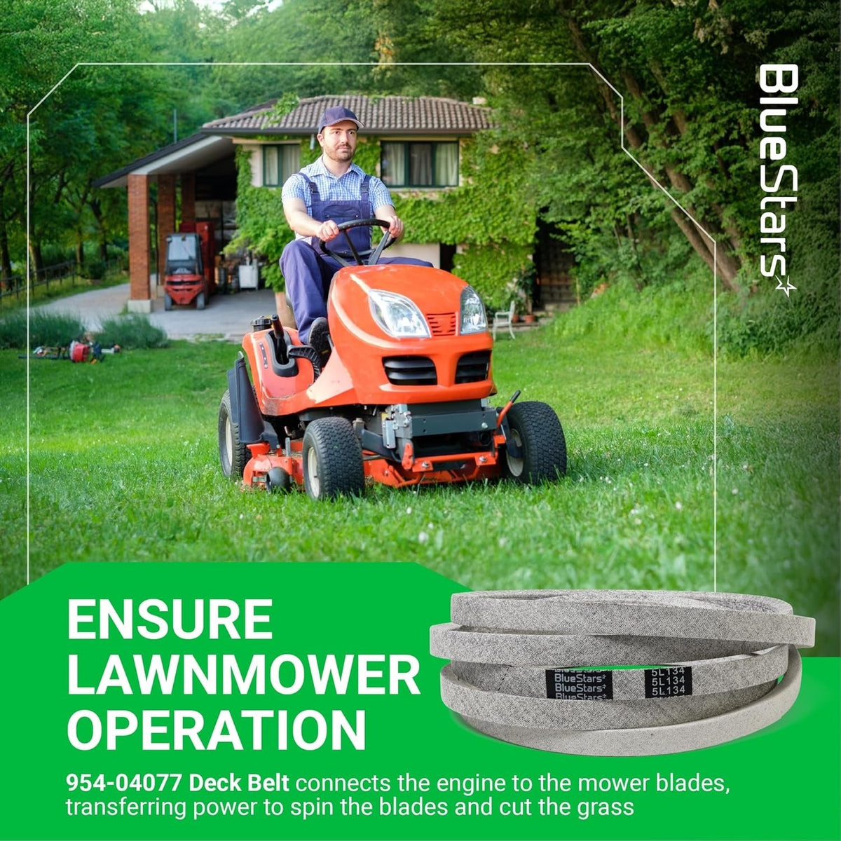 954-04077A replacement deck belt for Cub Cadet, Troy-Bilt, and MTD lawn mowers shown with a riding mower.