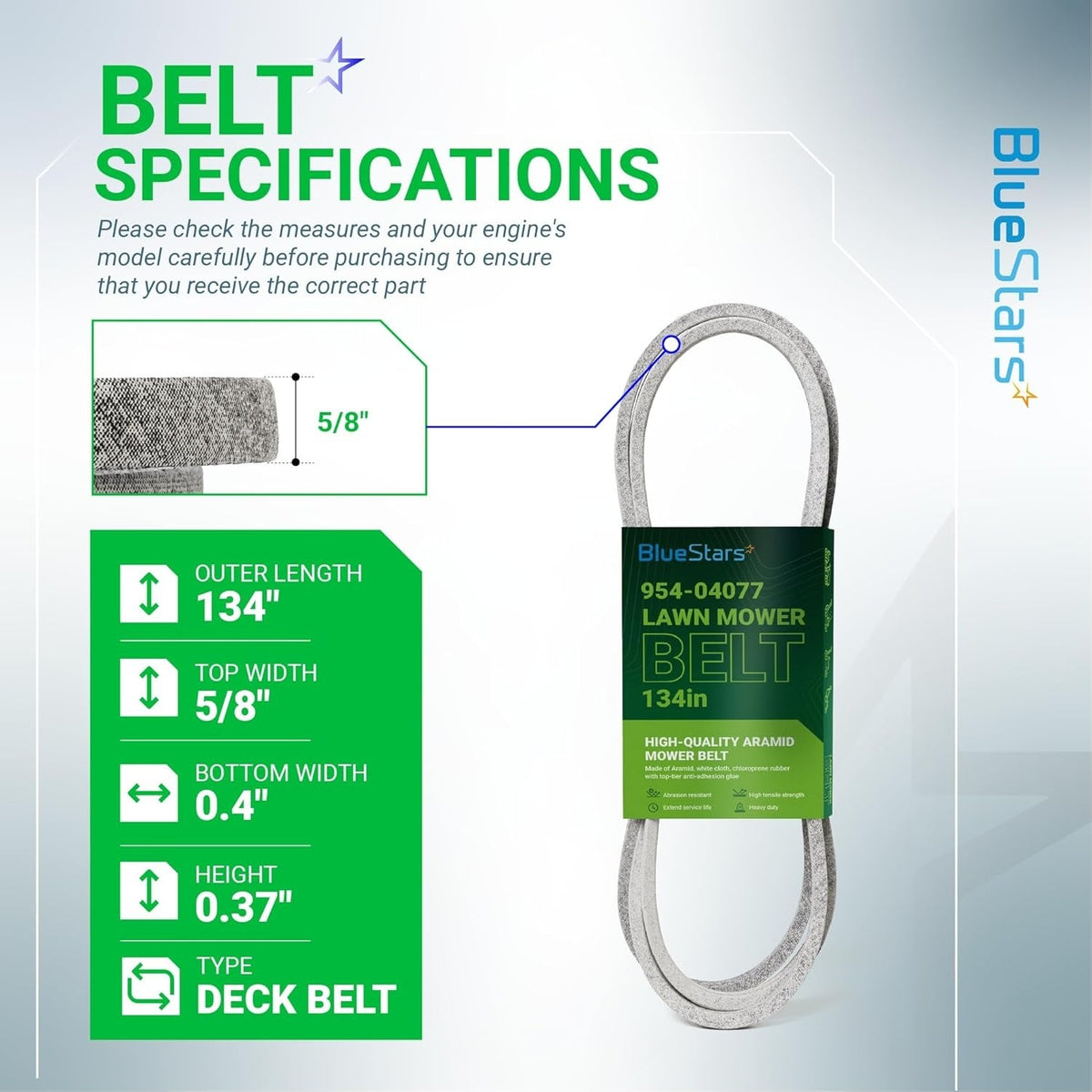 Infographic showing 954-04077A deck belt specifications including 5/8 inch width and 134 inch length dimensions.