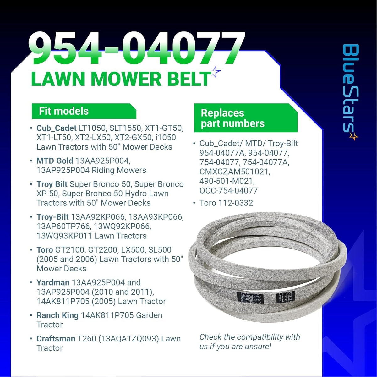 954-04077A deck belt for 50-inch mower decks with compatibility list and part number reference chart.
