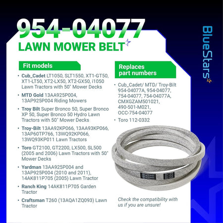 954-04077A deck belt for 50-inch mower decks with compatibility list and part number reference chart.