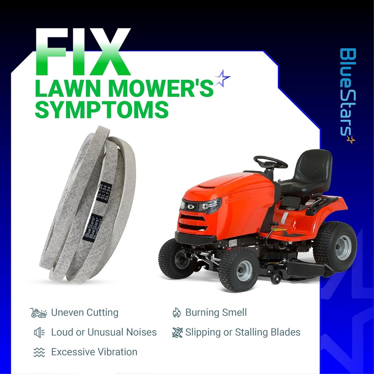 954-04077A deck belt for Cub Cadet and Troy-Bilt lawn mowers, showing symptoms fixed by replacement.