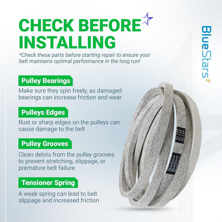 Informational graphic showing 954-04077A deck belt installation tips for Cub Cadet and MTD lawn mowers.