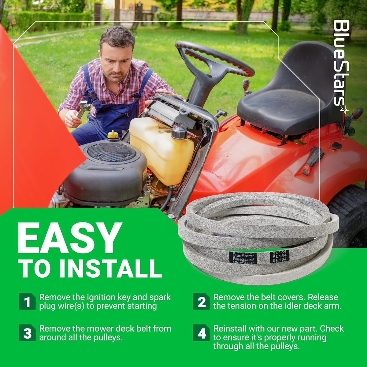 Instructional graphic showing 954-04077A deck belt installation steps on a lawn mower.