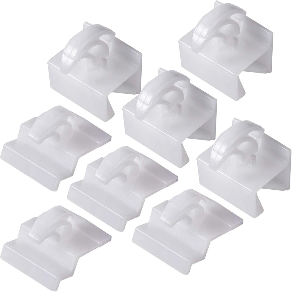 Set of eight white plastic range oven front and rear drawer glides for Electrolux and Frigidaire ranges.